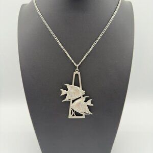 Vintage Cathedral Pisces Double Fish Pewter Zodiac Triangular Pendant Necklace